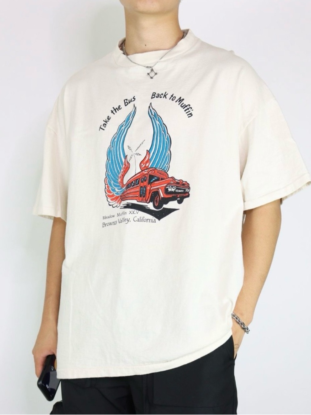 Vintage Boxy Heavyweight T shirt Cream with California Graphic made in USA
